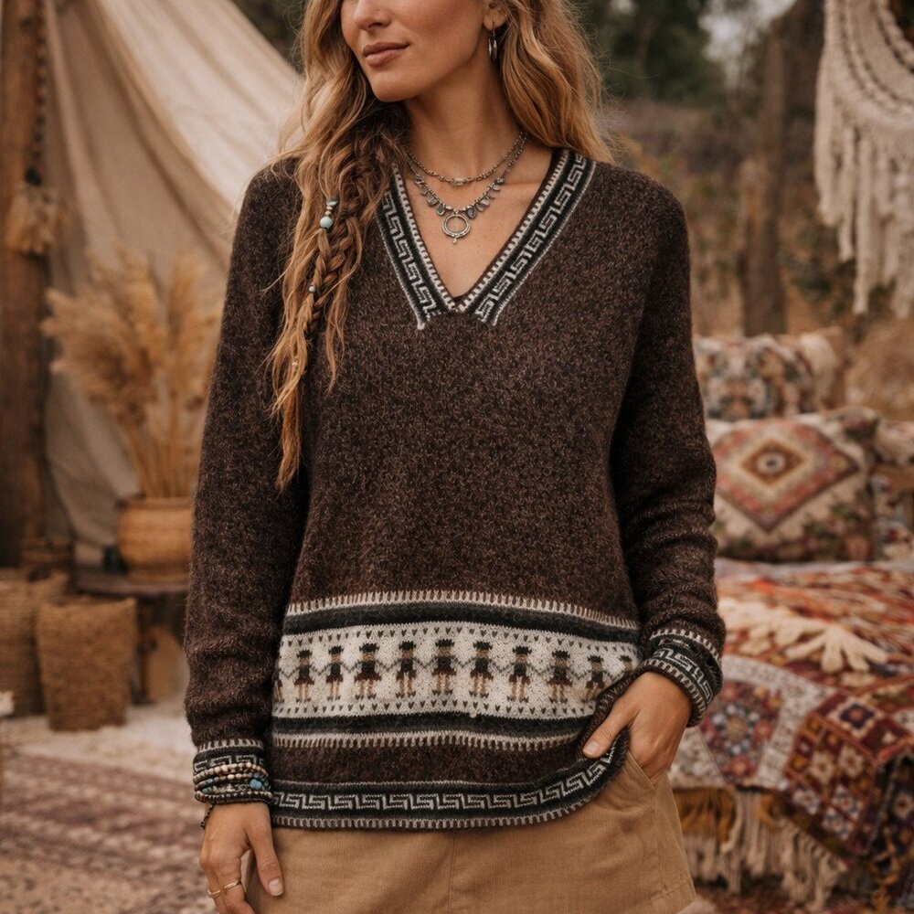 Ethnic Alpaca Wool Blend Handmade Sweater S